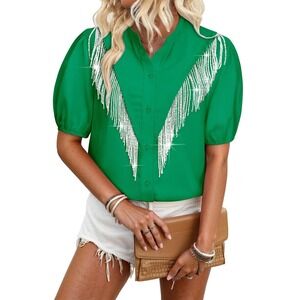 NWT Womens Rhinestone Fringe Shirt Green Puff Sleeve Western Cowgirl Top Small